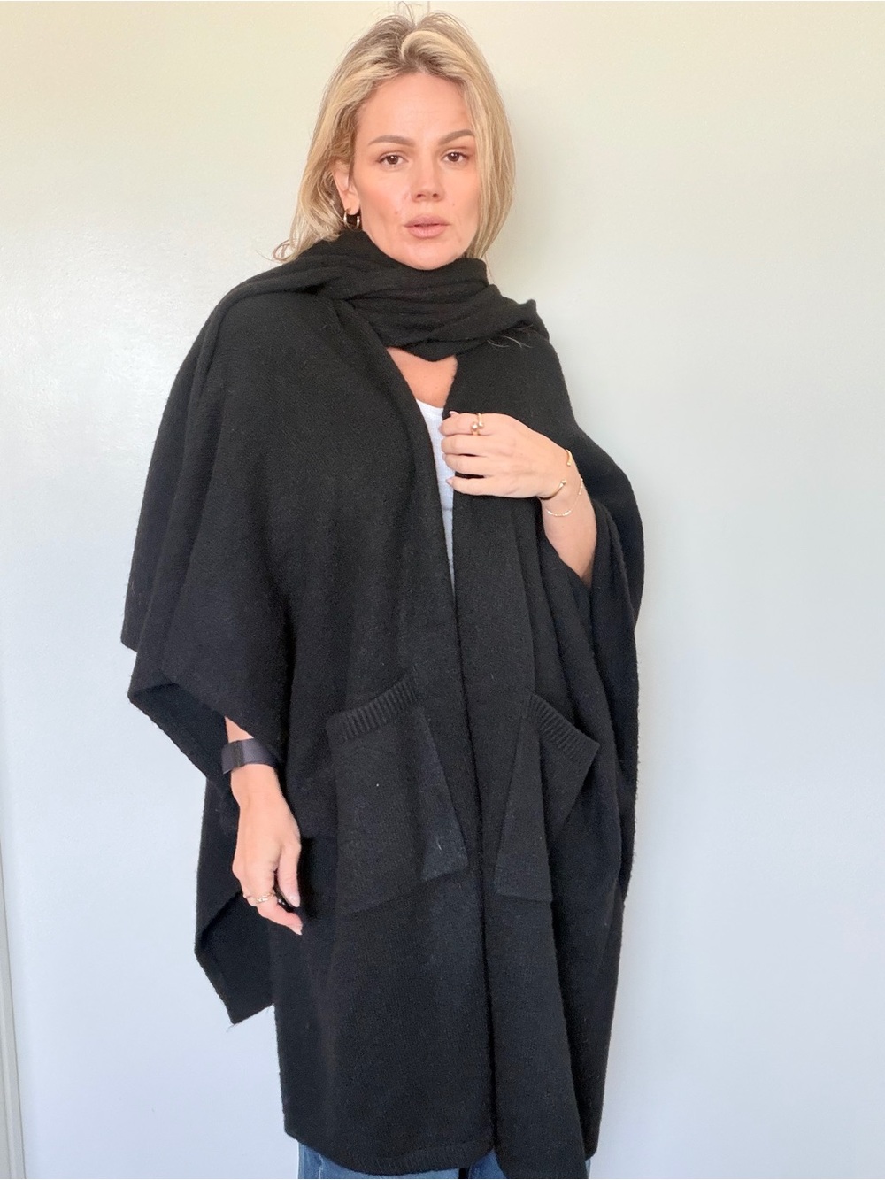 Free People Black Open-Front Knit Poncho with Pockets and Scarf ONE SIZE